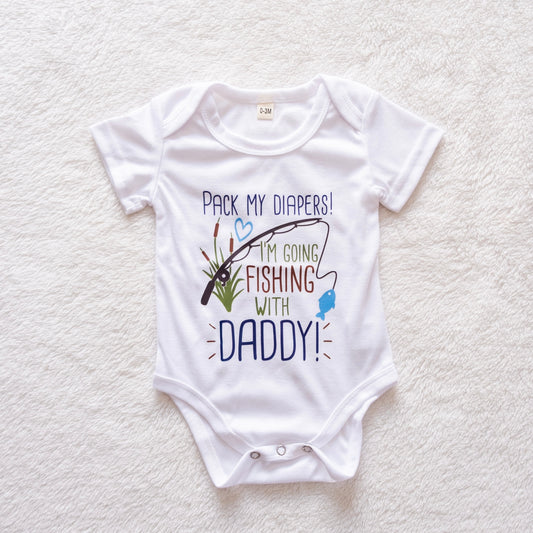 “Pack My Diapers! I’m Going Fishing With Daddy” Short Sleeve Babygrow (0–3 Months)